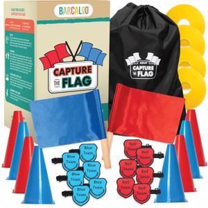 Barcaloo Capture The Flag, Traditional 12 Player Set with Real Wood Handle Flags & Arm Bands - Outdoor Yard Game for Family, Kids and Teens - Cool Birthday Gifts for Boys, Family Reunions, & Field Day