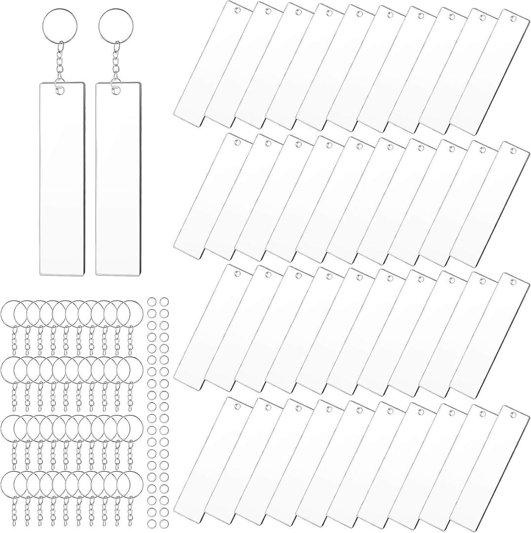 Hicarer 120 Pieces Rectangle Acrylic Key Chain Blank Transparent Acrylic KeyChain Blank (2 x 8 cm)