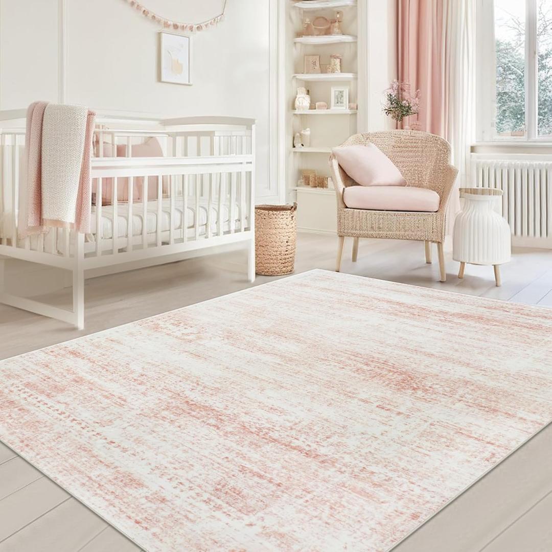 Washable Rugs 5x7 Area Rugs for Living Room,Bedroom,Dining Room- Ultra Soft Faux Wool Nursery Rug for Baby Girl,Neutral Light Pink Low Pile Vintage Carpets for Dorm Kids Playroom,Non Slip, Pink/White 