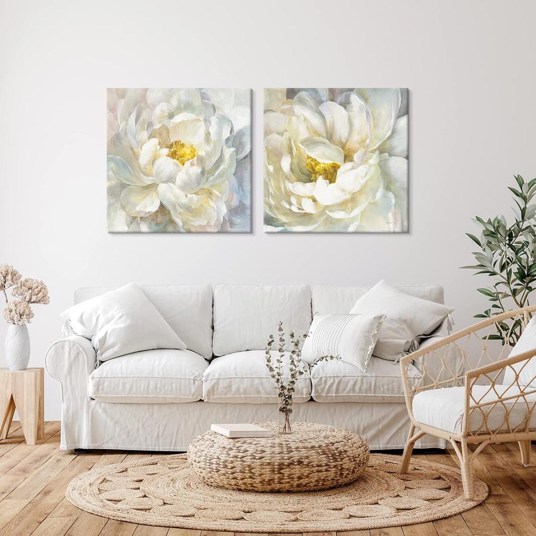 SEVEN WALL ARTS Peony Flower Canvas Wall Art Peonies Floral Pictures Set Abstract White and Yellow Blossom Paintings for Bedroom Living Room Home Office Decor 24"x24"x2pcs
