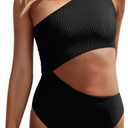 Women's One Piece Ribbed Swimsuit One Shoulder Cutout Swimwear Sexy Bathing Suit (Black, S)