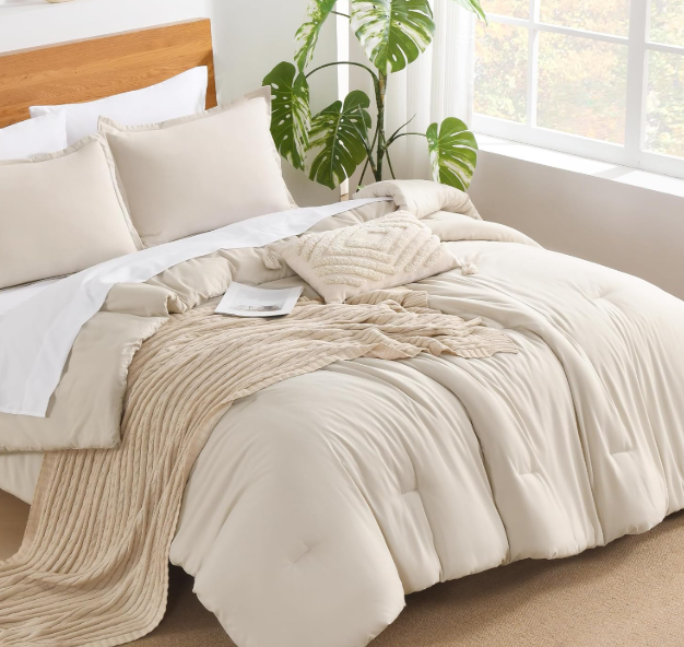 Andency Beige California King Comforter Set - 7 Pieces Cream Bed in a Bag Cal King Bedding Comforter Sets, Summer Solid Soft Lightweight Comforter with Fitted Sheets, Flat Sheets, Pillowcases & Shams