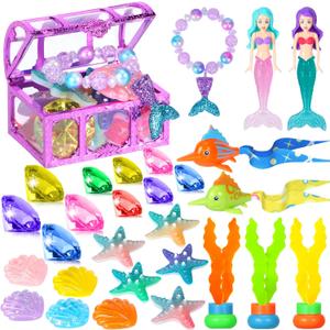 VGOFUN Diving Pool Toys for Kids Ages 3-12, 31 Pcs Mermaid Pool Toys, Diving Gem Toys with Pirate Treasure Chest, Summer Underwater Game Toys Swimming Training Gift for Boys Girls with Storage Bag