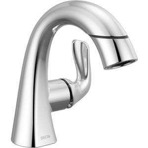 Delta Arvo 1 Hole Pull Down Bathroom Faucet with Sprayer, Chrome Single Hole Bathroom Sink Faucet with Pull Out Sprayer for Vanity, Metal Push-Pop Drain, Chrome 15840LF-PD