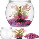 1 Gallon Fish Tank with Artificial Plastic Plants and 1 lb Decorative Gravel, Plastic Small Fish Bowl Clear Round Goldfish Betta Tank for Table Centerpiece Home Decor