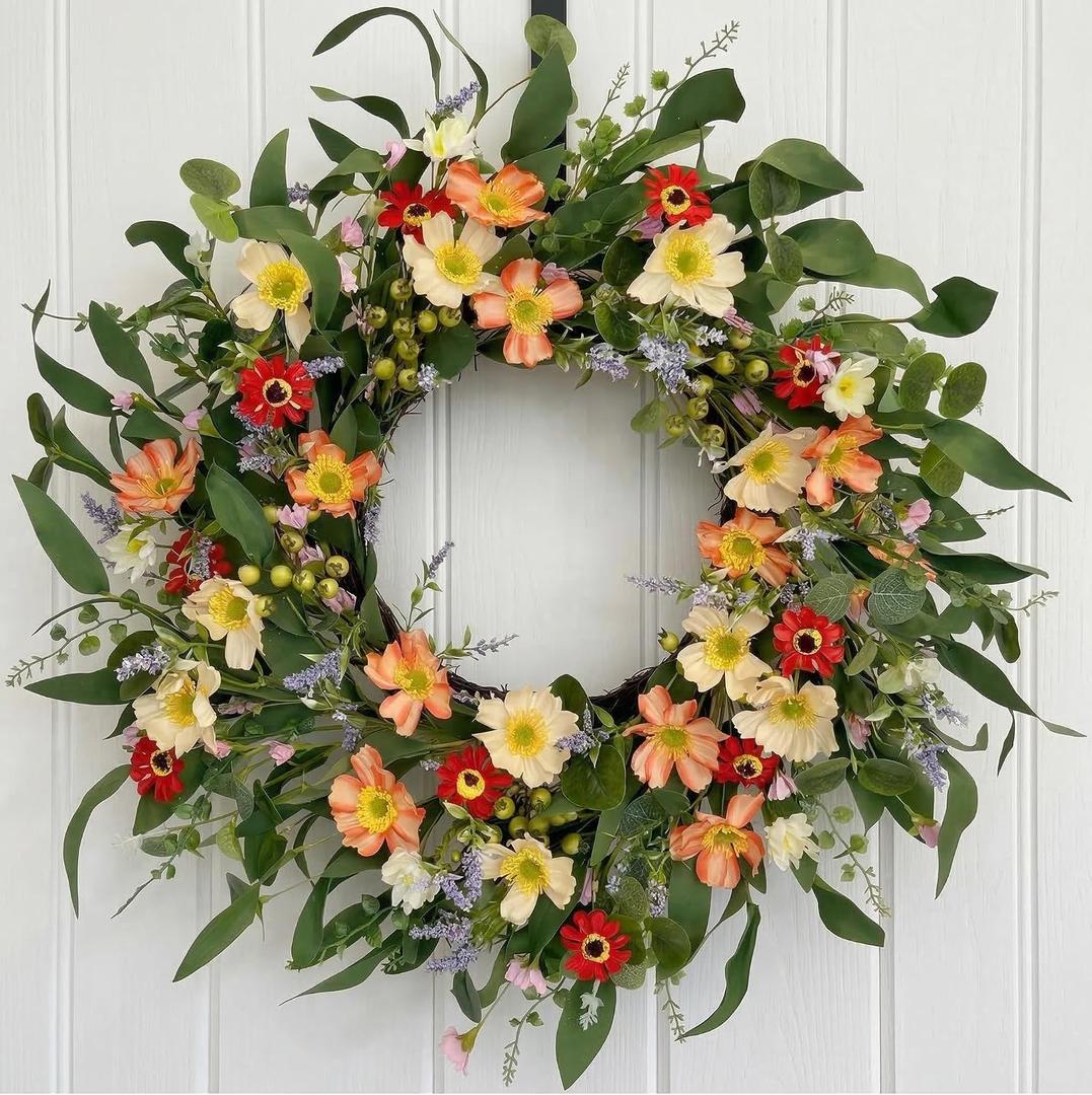 Jobflower Spring Wreath, 24" Daisy and Lavender Wreath,Beautiful Artificial Summer Wreaths for Front Door, Porch, Fireplace, Indoors and Outdoor Home Decoration