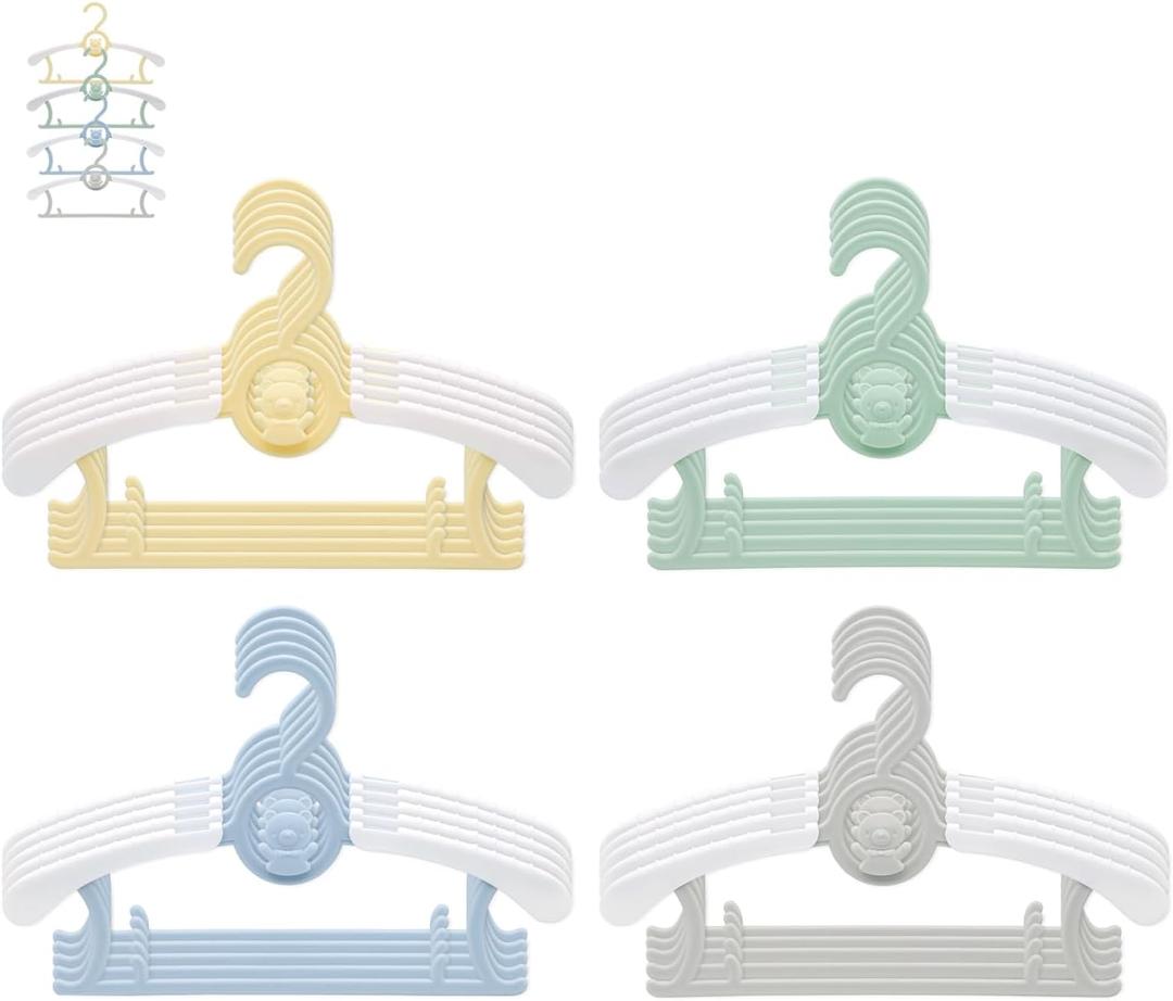 JSF Adjustable Baby Hangers, 20pcs Toddler Kids Child Nursery Closet Hangers - Non-Slip, Extendable, Ideal for Newborn Clothes (Colourful Bear Design) (20PACK, 4 Colors)