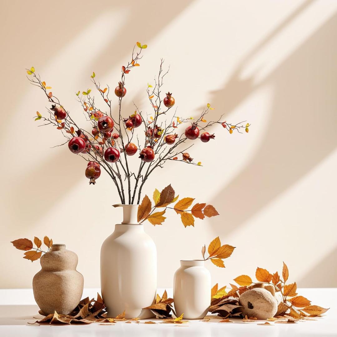 4pcs Red Berry Stems Pomegranate Faux Flowers with Fake Fall Leaves Artificial Fruits Decor Tall Branches for Vase Room Christmas Home Wedding Thanksgiving Centerpieces Arrangements Party Decoration (Orange)