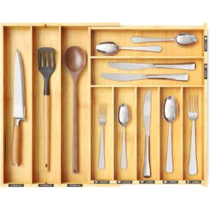 SpaceAid Bamboo Silverware Drawer Organizer with Labels, Kitchen Utensil Expandable Tray Holder Organizer for Flatware, Cutlery, Spoon and Knives Drawer Storage Organization (Natural, 10 Slots)
