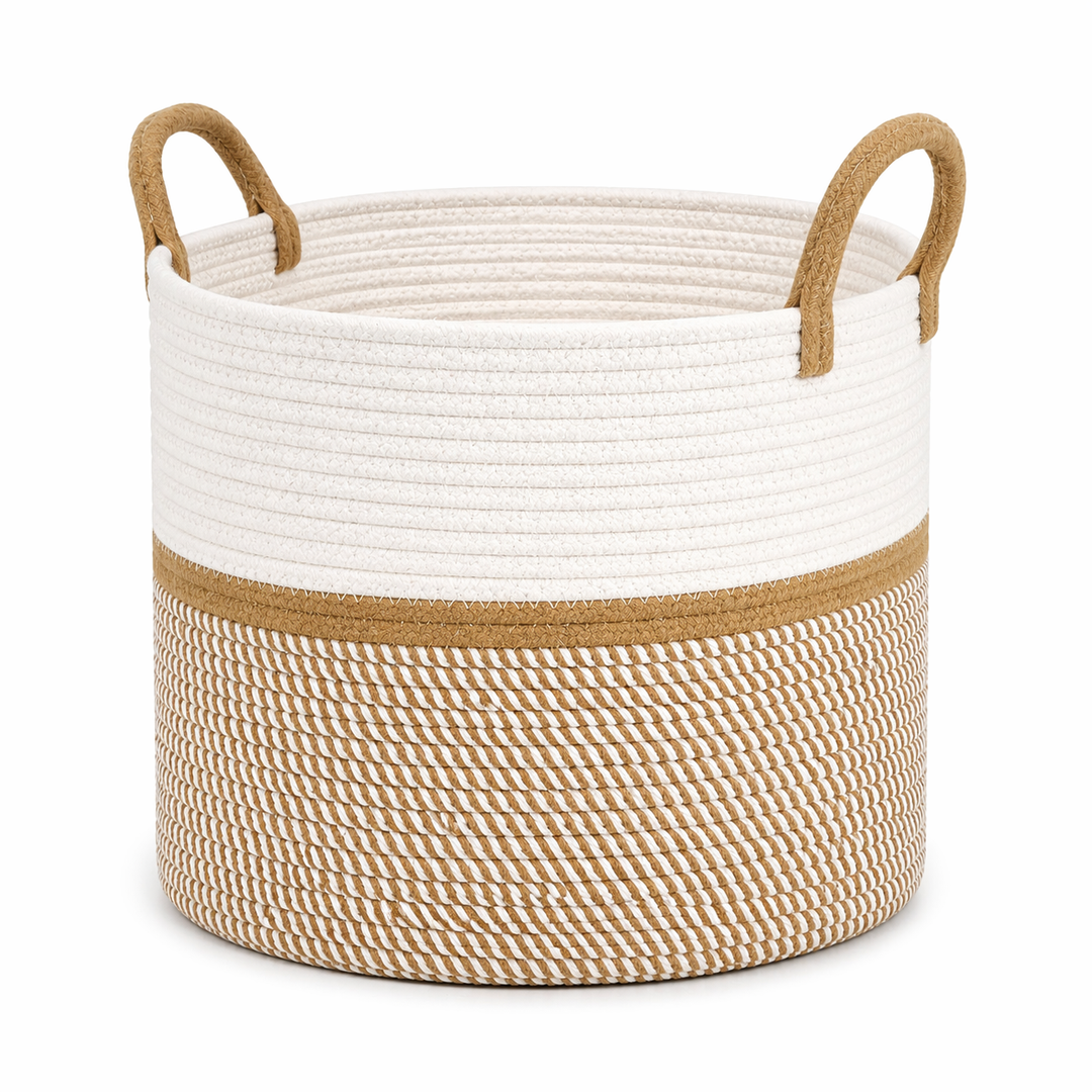 Blanket Basket - Woven Round Rope Storage Basket (16"Wx14"H) for Blankets & Throws, Small Laundry & Toy Organizer, Decorative Living Room & Bedroom Cotton Basket - White & Jute Mixed