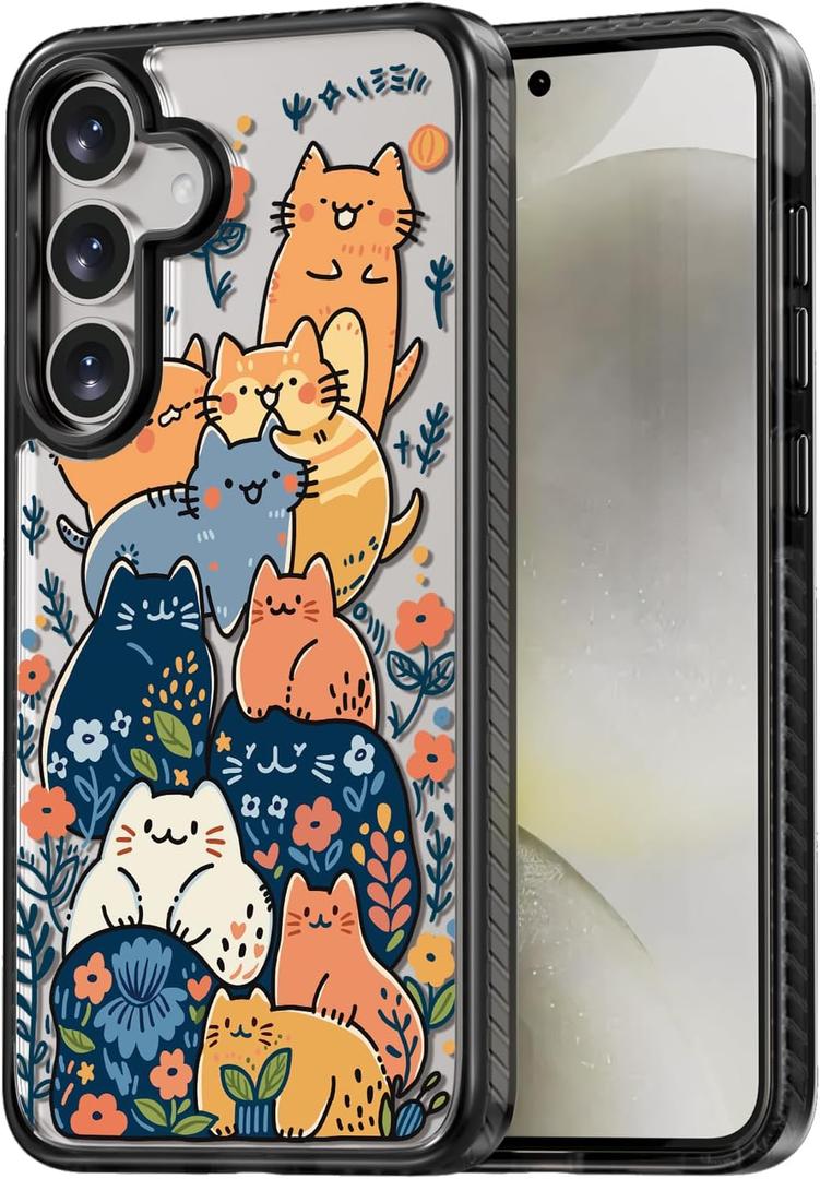 Rosarnnah Compatible for Samsung Galaxy S25 Case Cute Aesthetic - Durable Shockproof 6.6 ft Drop Impact Phone Case Cover with Funny Fashion Cats Party Design 6.2" Black