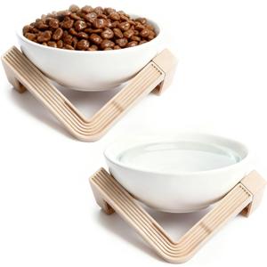 Elevated Cat Bowls for Food and Water, 2Pcs Raised Cat Food Bowls with Stand, 15 Slanted Ceramics Pet Dishes, Anti-Vomit Neck Protection Dog Water Bowls for Cats, Puppies