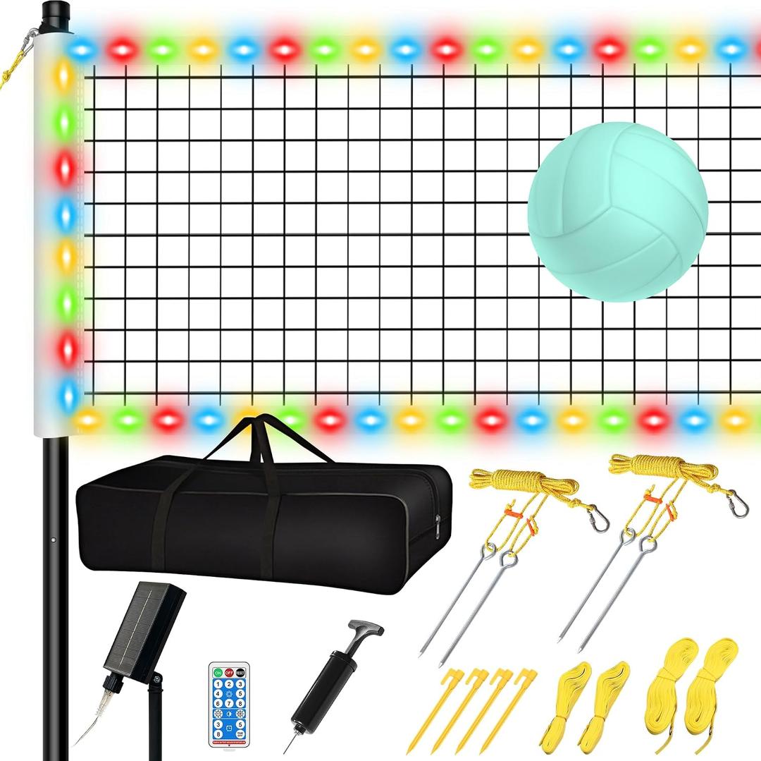LED Volleyball Net Outdoor, Professional Light Up Volleyball Net with Solar Rope Light, Portable Heavy Duty 32x3ft Volleyball Training Net Set Glow in The Dark with Carry Bag for Backyard,Beach