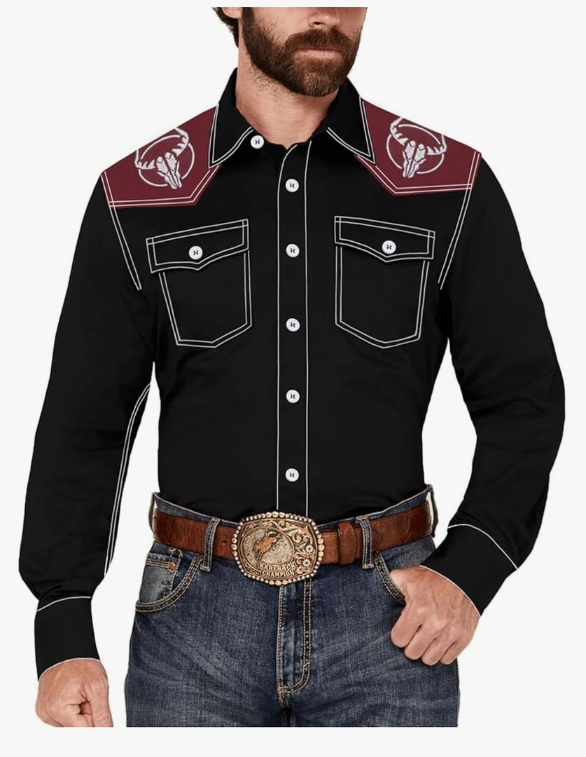 Men's Western Cowboy Shirt Long Sleeve Embroidered Casual Button Down Shirt L