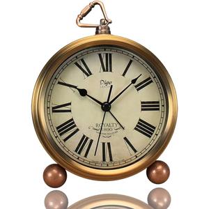 Golden Table Clock, Retro Vintage Non-Ticking Table Desk Alarm Clock Battery Operated Silent Quartz Movement HD Glass for Bedroom Living Room Indoor Decoration Kids (Roman)