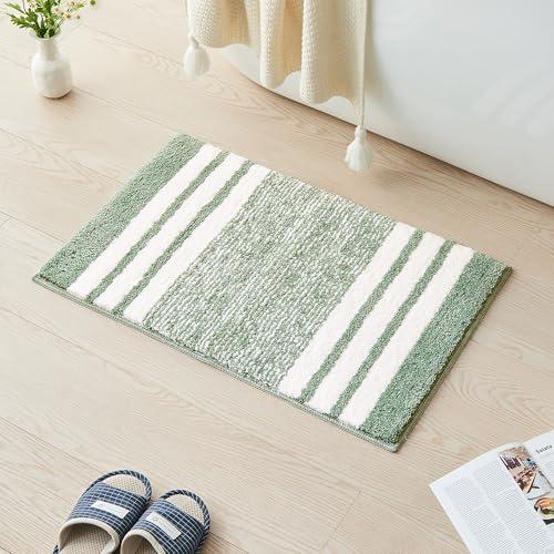 CozeCube Bath mats for Bathroom Non Slip, Fluffy Absorbent Microfiber Bath mat Washable, Aesthetic Bathroom Rugs, Small Sage Green Striped Bath mat, Sage Green, 24" x 16"