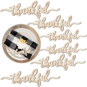 Thanksgiving Place Cards Blessed, Thankful, Grateful Wood Signs Fall Dining Table Plate Ornament Farmhouse Home Table Setting Decor 6 Pack (Thankful)