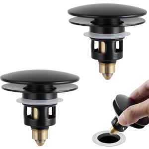 Hygie Rinse 2PCS Bathroom Sink Stopper 2 in 1 Pop Up Metal Sink Drain Strainer with Hair Catcher, Fit for 1.1~2.36" Sink Basin Hole, Not for Bathtub, Big Cover Cap, Anti-clog, Matte Black