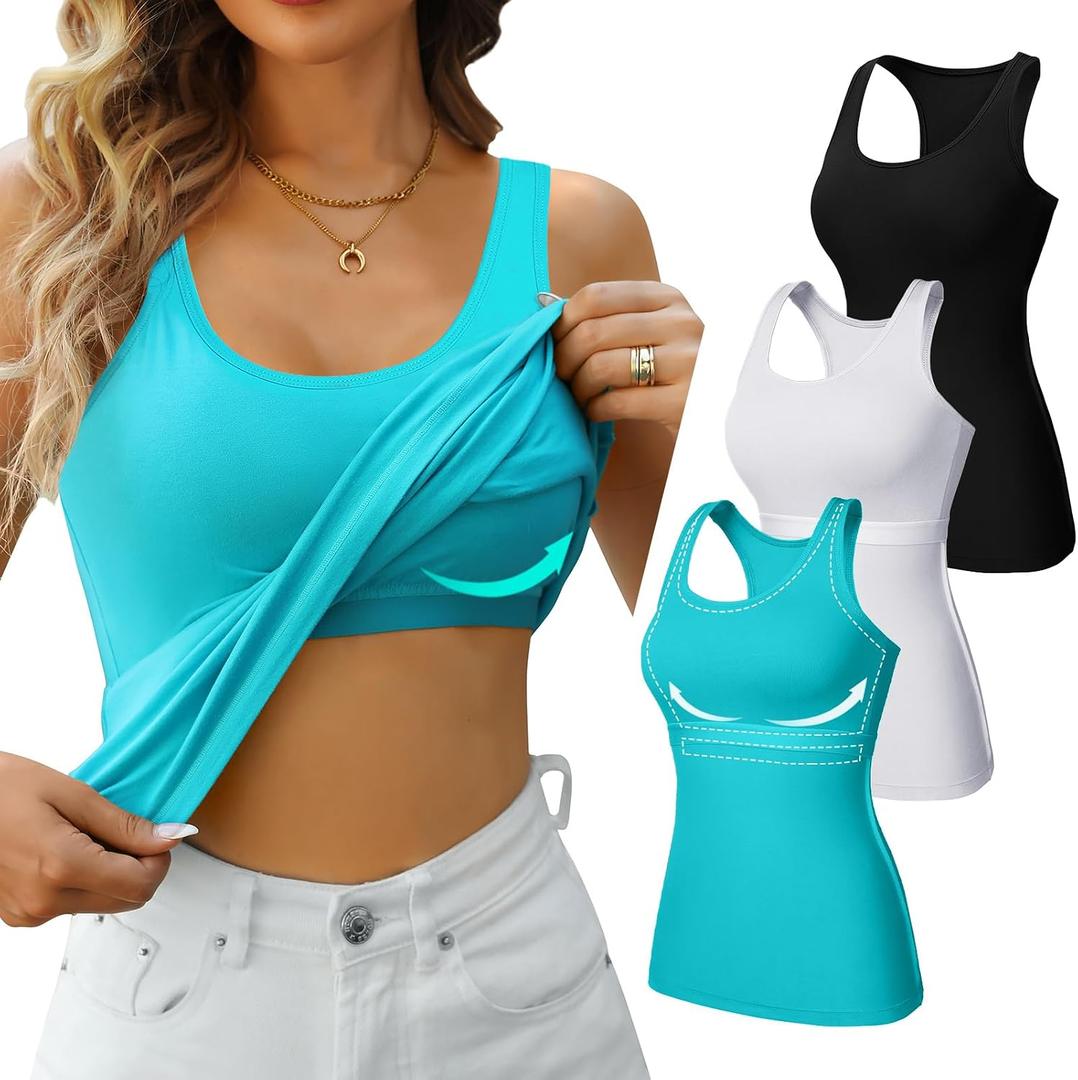 V FOR CITY Non Padded Shelf Bra Tank Tops for Women Racerback Cotton Wide Strap Camisole Yoga Cami Shirts 3 Pack