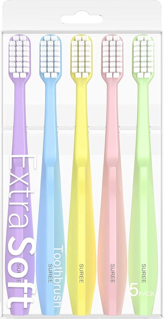SUREE Extra Soft Toothbrush for Sensitive Teeth and Gums (5 Pack), Ultra Soft Toothbrush with 10000 Micro Nano Bristles for Adults and Elderly