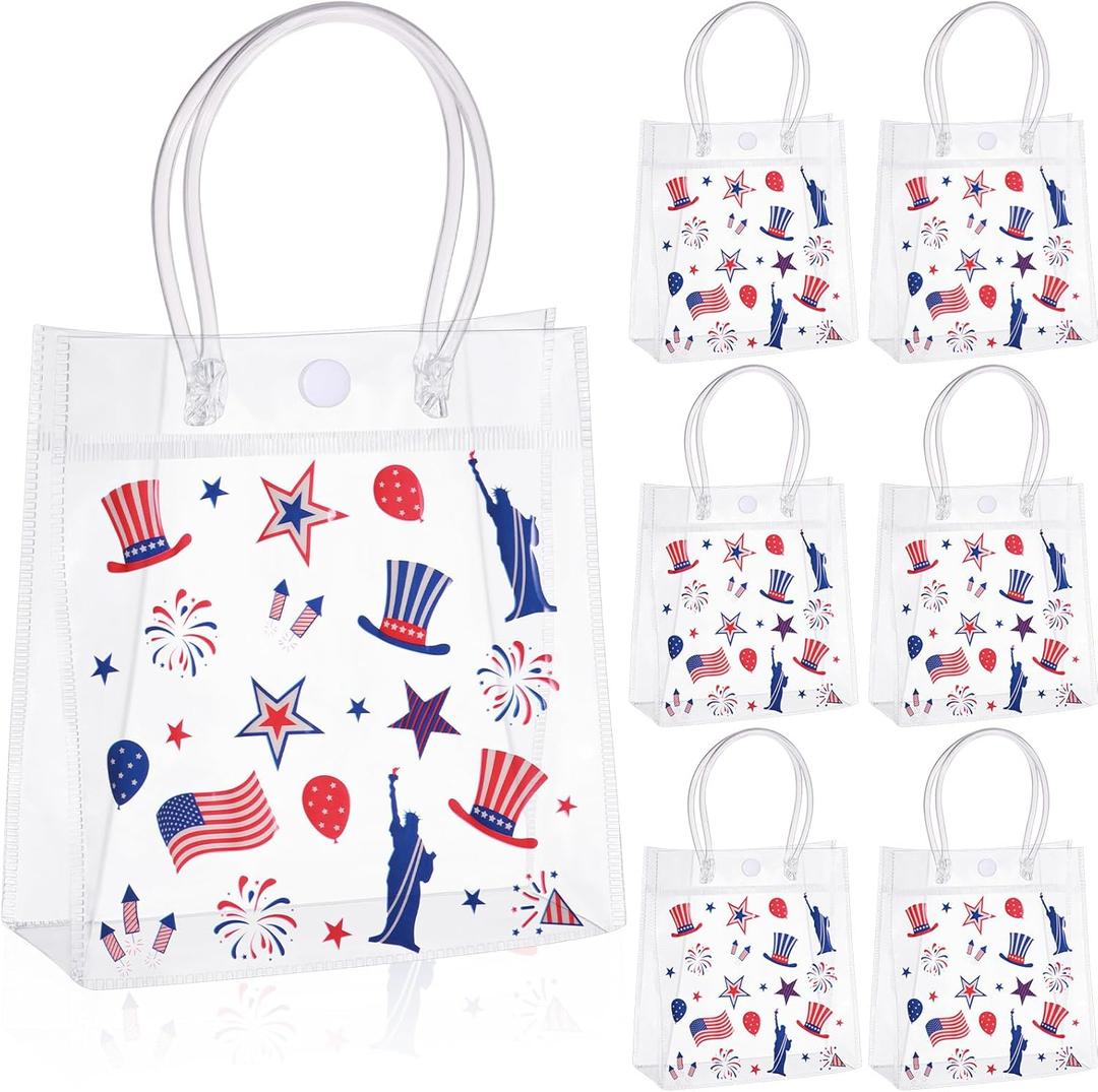 Wesnoy 24 Pcs Patriotic Clear Gift Bags with Handles Red White Blue PVC Candy Treat Goodie Bags, Memorial Day Independence Day 4th of July for USA Party Supplies, 5.9 x 6.3 x 2.7 Inches(Classic)