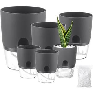 Planterhoma 6 Pack Self Watering Pots for Indoor Plants, 3.2/4/6 Inch Plant Pot Plastic Self Watering Planter for Orchid, African Violet, Small Clear Flower Pots with Drainage Holes and Wicking, Grey (Gray)