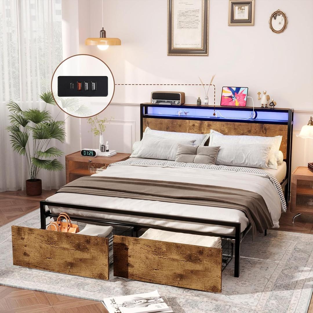 Kiivakii Bed Frame Queen Size with Charged Headboard, Platform Metal Bed with 2 Drawers Storage, RGB LED Lights, Noise-Free No Box Spring Needed, Rustic Brown