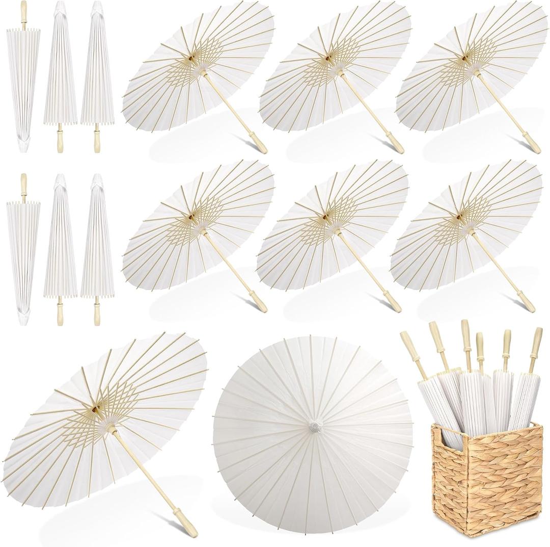 Aodaer 12 Pieces Wedding Paper Umbrella 23.6 Inch White Paper Decorative Chinese Japanese Parasol Umbrella Crafts Vintage DIY Painting Decor Wedding Favor for Photography Props Bridal Party