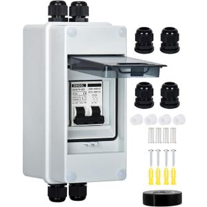 DIHOOL AC DC Circuit Breaker with IP65 Din Box for Solar Systems, 20 Amp 2 Pole 12V-400V, Non Polarized, Solar Panel Disconnect Switch, PV Array Shut Off Isolator