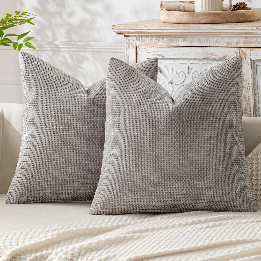MIULEE Pack of 2 Light Gray Decorative Pillow Covers 18x18 Inch Soft Chenille Couch Throw Pillows Farmhouse Cushion Covers for Home Decor Sofa Bedroom Living Room (18" x 18" (Pack of 2))