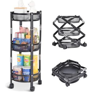 TOOLF 3-Tier Foldable Rolling Cart, Collapsible Metal Utility Cart with Wheels, Assembly-Free, Round Storage Organizer Trolley for Kitchen, Bathroom, Dorm, Nursery, Black