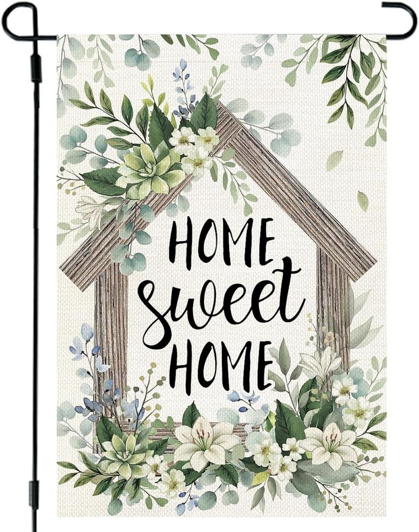5 x CROWNED BEAUTY Spring Home Sweet Home Garden Flag Eucalyptus Welcome 12x18 Inch Double Sided Small Floral Seasonal Holiday Decoration for Outdoor Lawn Yard