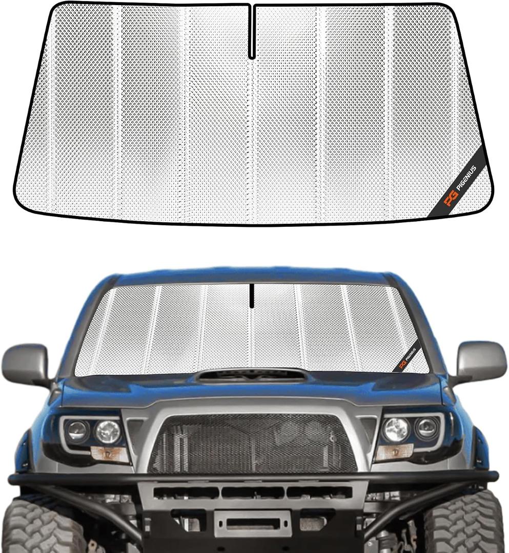 Pigenius Windshield Sun Shade for Toyota Tacoma 2005-2015. Full Coverage Rearview Mirror Shade for Ultimate Protection
