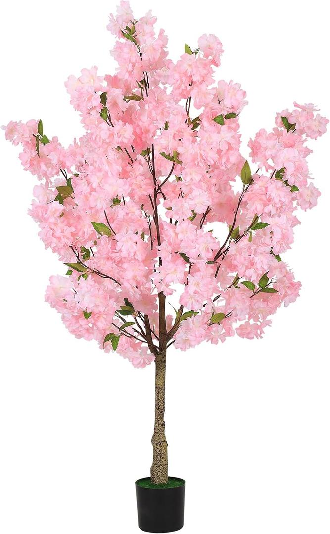 4Ft Tall Artificial Cherry Blossom Tree, Faux Pink Tree with Plastic Nursery Pot,Fake Plants Artificial Plants for Home Office Indoor Decor(Pink)