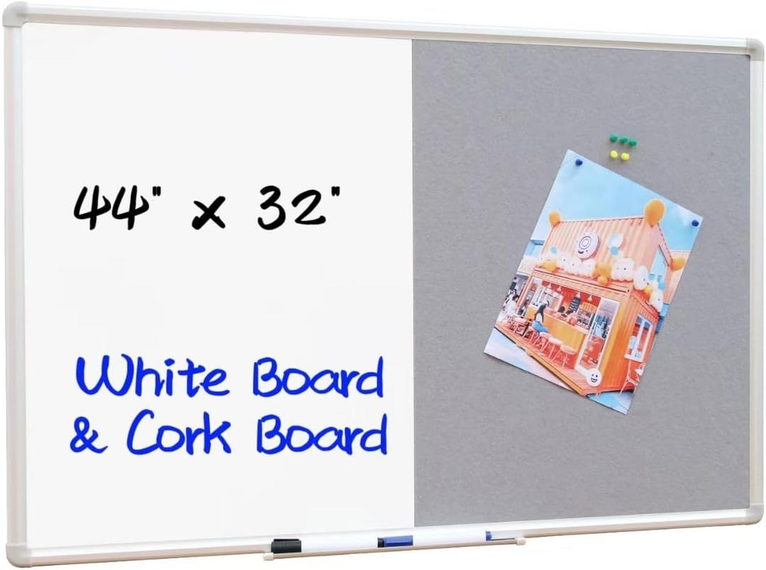 DEVELOP Cork & Magnetic Dry Erase Combo Board, 44 x 32 Inch, Wall Mounted Whiteboard/Grey Felt Bulletin Combination Board with Marker Tray, Pins, Eraser, Markers & Magnets