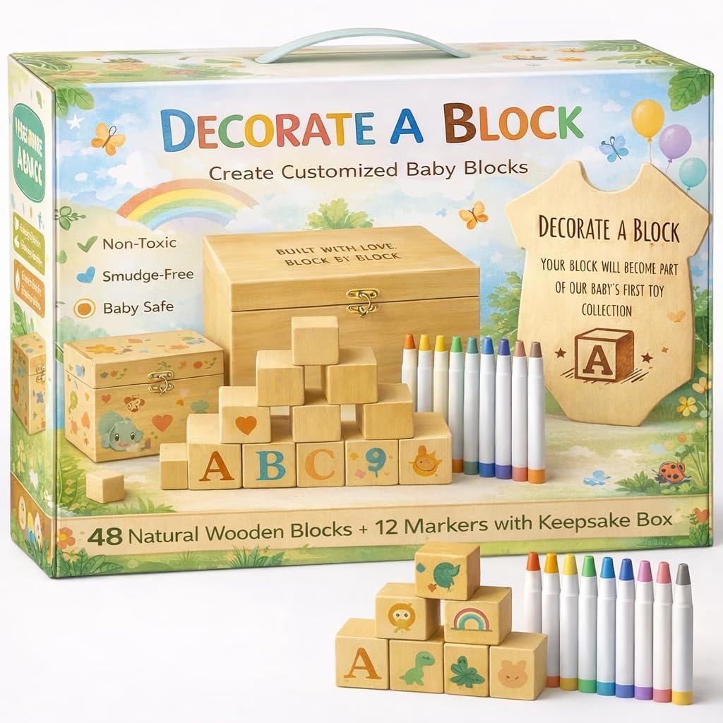 Nolia Blocks for Baby Shower  Games & Activity Kit  48 Natural Wooden Blocks to Decorate, Storage Box, 12 Acrylic Markers & Instruction Sign  Baby Shower Blocks to Decorate