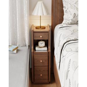 Narrow Nightstand with 3 Drawers,Solid Wood Narrow Bedside Table Walnut, Modern Skinny Nightstand for Bedroom(Fully Assembly), 15.75"D x 7.87"W x 23.62"H