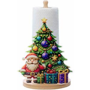 Christmas Paper Towel Holder - Wooden Countertop Dispenser with Acrylic Christmas Tree Design, Festive Holiday Kitchen Decor and Paper Towel Organizer