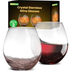 NutriChef Stemless 8 Wine Glasses 15 Ounces, Hand Blown Glasses for Home, Bar & Restaurant, Dishwasher Safe, Gift Set for Wine Lovers, Friends