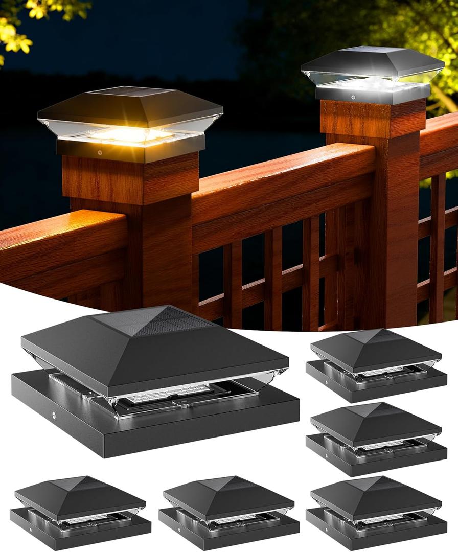 T-SUN Solar Post Cap Lights Outdoor 6 Pack, 2 Modes LED Fence Post Solar Lights Fit for 4x4 5x5 6x6 Vinyl/Wooden Posts, Waterproof Deck Post Lights Solar Powered for Garden Patio Gate Porch,6 Pack, Black-Warm & Cool White