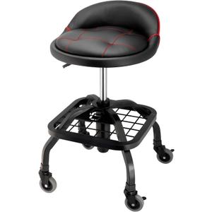 Powerbuilt Rolling Stool Shop Seat with Padding and Lumbar Support, Garage, 330 Pound Capacity - 240338, Black