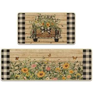Tayney Summer Sunflower Truck Kitchen Rugs and Mats Non Skid Washable Set of 2, Black and White Buffalo Plaid Mats for Floor, Brown Wooden Runner Rug Farmhouse Rustic Kitchen Decor