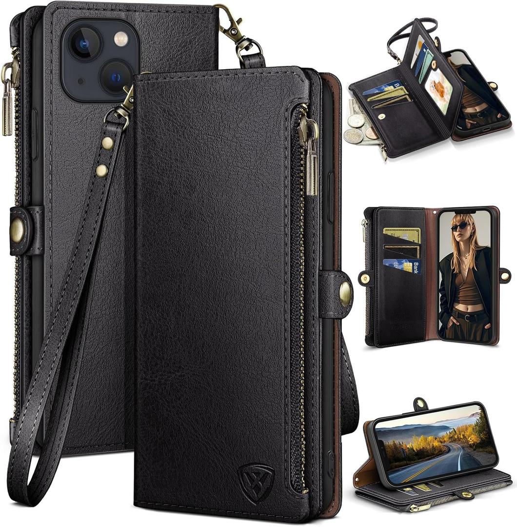 XcaseBar for iPhone 14 6.1" case with Zipper RFID Blocking Credit Card Holder, Flip Folio Book PU Leather Phone case Shockproof Cover Women Men for Apple 14 Wallet case Black