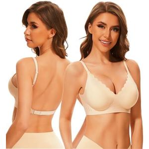 BOUFOR Deep V Neck Backless Bras for Women Padded Bralette Push Up Seamless Wire-Free Low Back Bra Convertible Straps, M