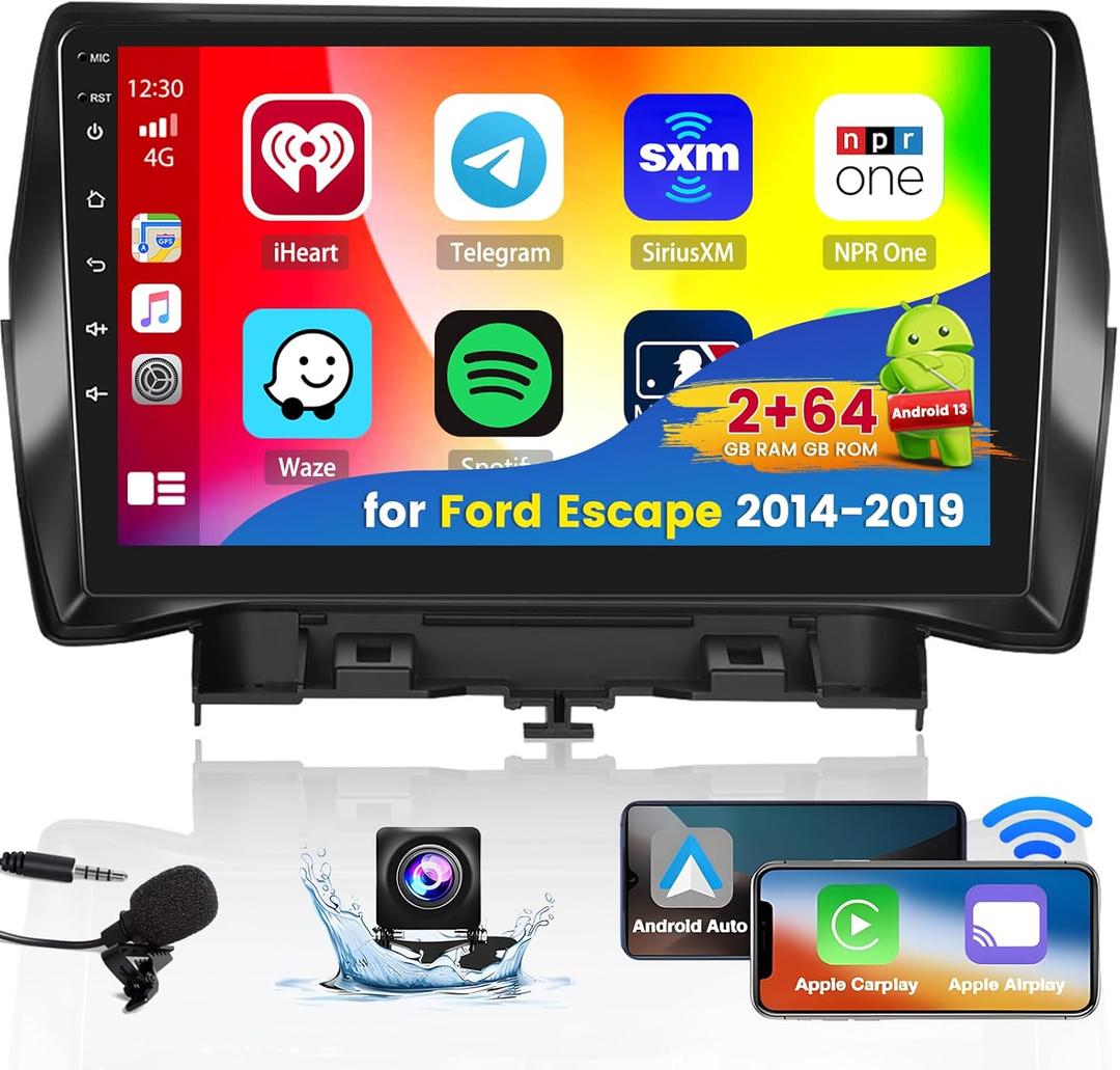 Roinvou 2+64G Android CarPlay Stereo for 2014-2019 Ford Escape, Built-in Wireless CarPlay Radio with Android Auto, 9'' Touch Screen in-Dash GPS Navigation Support Mirror Link BT FM RDS AHD DSP