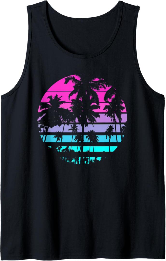 Retro Eighties 80s & 90s Beach Style design with palm trees Tank Top (Small, Black)
