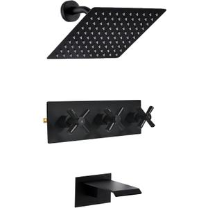 3 Handle Tub Shower Faucet, Matte Black Three Handle Shower Faucet Set with Waterfall Tub Spout and 8" Rainfall Shower Head, 3 Knob Shower Tub Faucet Set