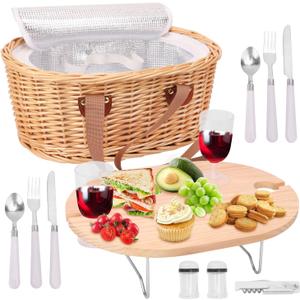Geytetqi Wicker Picnic Basket Set for 2 Person with Mini Folding Table and Insulated Cooler Bag, Picnic Basket with Woven Handle Design & Tableware Accessories, Woven Oval Picnic Basket for Outdoor