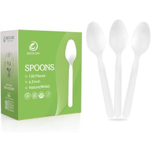 Compostable Spoons [100 Pcs] No Plastic Spoons Disposable BPI Certified BPA-Free, Heat Resistant, Heavy Duty Biodegradable Spoons Disposable Utensils for Daily, Party & Camping