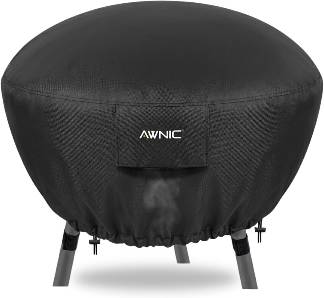 AWNIC Fire Pit Cover Round 36 inch Waterproof Windproof Outdoor Patio Firepit Cover with 500D Fade-Resistant Oxford Cloth, Dual-Sided Adjustable Drawstring & Hook and Loop